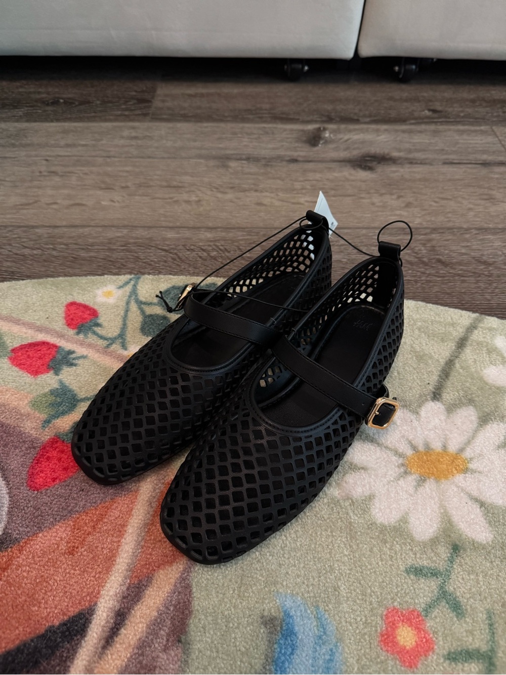 H&M Black Perforated Mary Jane Ballet Flats with Gold Buckle